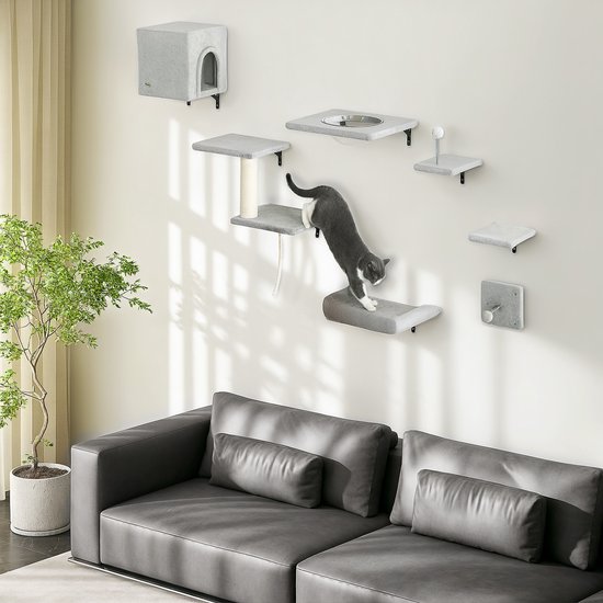 7-Delig Kattenklimmuur Set met Kattenhuis - Platformen - Grijs