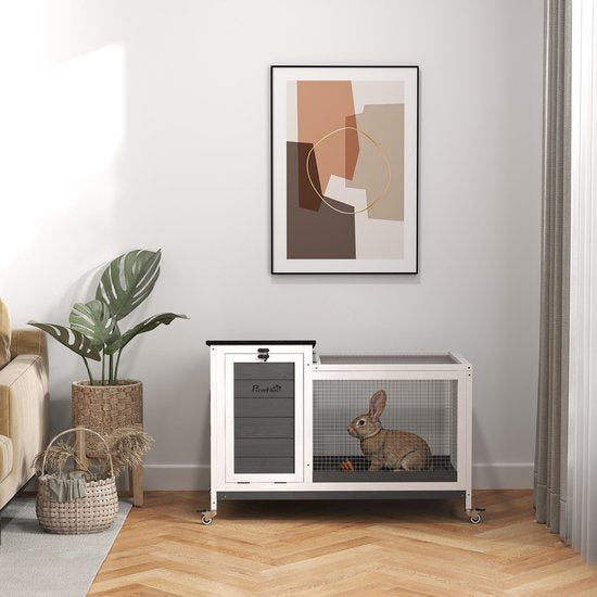 Houten Konijnenhok met Loopgedeelte - voor Binnen & Buiten 92x52x67 cm - Grijs