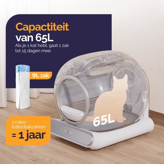 - Automatische Kattenbak - Bedienen via App - 65L - incl matje en 3 rollen opvangzakjes