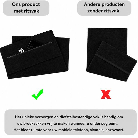 SparkNine Microvezel Handdoek - met ritsvak - S - 38x94 cm - zwart - handig & functioneel - sneldrogend - absorberend & super zacht
