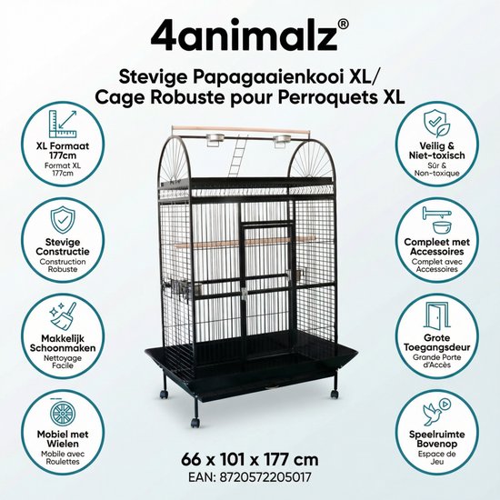 4animalz® Stevige Papagaaienkooi XL - Vogelkooi 66x101x177 cm - Parkietenkooi - Zwart