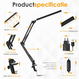 Pro LED Bureaulamp met Klem - Dimbaar - 3 Lichtstanden & 10 Helderheidsniveaus - Verstelbaar & Inklapbaar - Tafellamp voor Bureau
