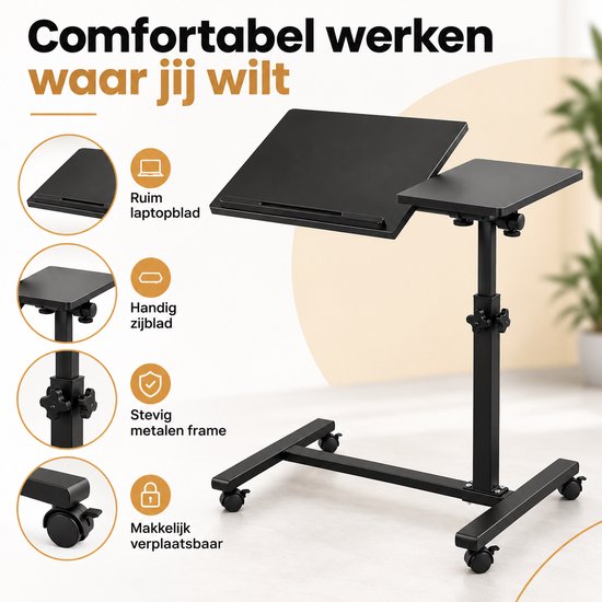 Laptoptafel Verrijdbaar – In Hoogte Verstelbare Laptopstandaard – Kantelbaar Werkblad met Zijtafel – Mobiele Bedtafel op Wielen – 57 cm – Zwart