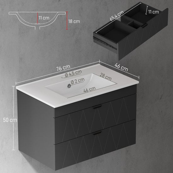 Hangende Wastafelonderkast met Wastafel Soft-Close - Zwart