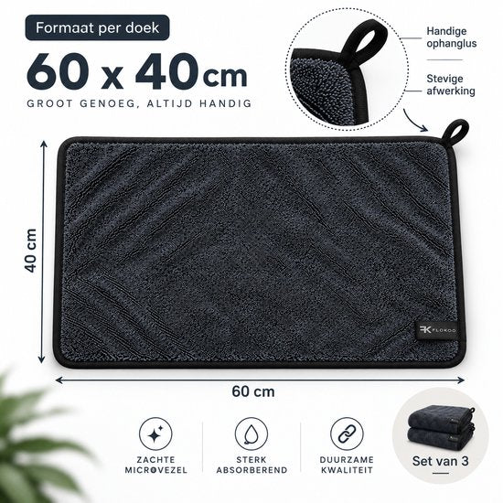 Microvezel Droogdoeken 60 x 40 cm – 3 Stuks – Autodroogdoek – Absorberende Microvezeldoek voor Auto, Lak, Glas & Ramen – Zwart
