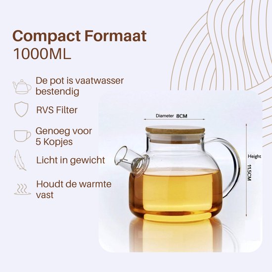GREENKY® Glazen theepot met filter en bamboe deksel- Theekan - Duurzaam - Filter - Theehouder - Theeglas - Fruitkan - Schenkkan - Teapot - 1Liter - 1000ml