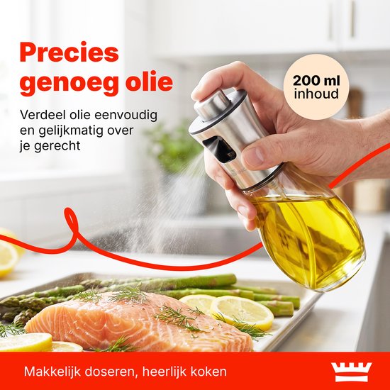 Oliespray 200 ml – Olieverstuiver voor Koken, Airfryer & BBQ – Fijne Verneveling – Glazen Oliespuit – RVS Drukknop – Inclusief Trechter, Reinigingsborstel & Bakkwast