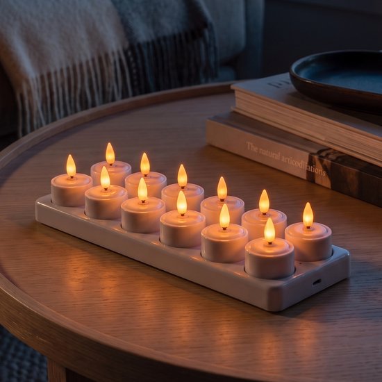 Fidali Led Kaarsen met Afstandsbediening - Oplaadbare Waxinelichtjes 12x - Dimbaar met Timer - Theelichtjes Oplaadbaar - Flikkerende Vlam - Kerst Kaarsen