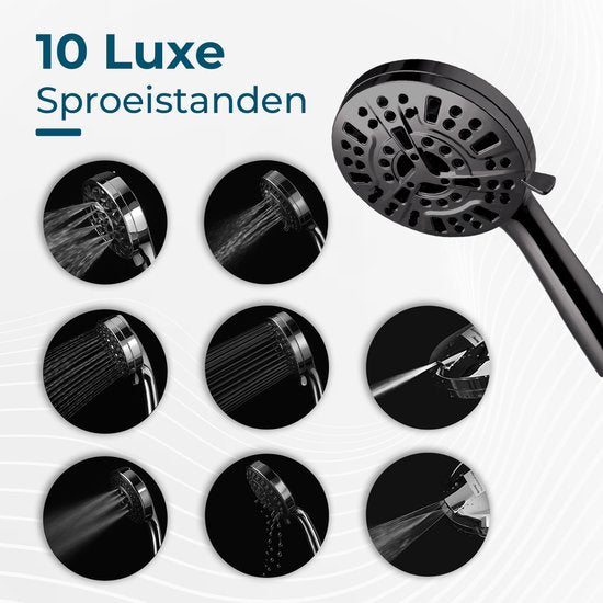 AKSA Home® Douchekop met Slang - Douchekop met Filter - 10 sproeistanden - Regendouche met Hoge Druk - Zwart