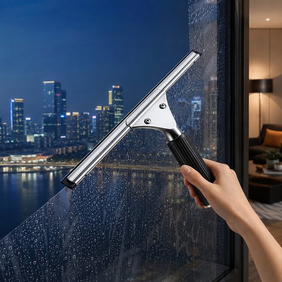 Raamtrekker 35 cm – Douchewisser – Wisser voor Douche, Ramen, Spiegel en Autoruit – RVS Glaswisser – Siliconen Raamwisser – Handtrekker – Douchetrekker Zwart-Zilver - Trekker