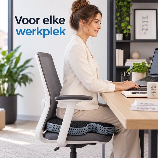 Ergonomisch Zitkussen – Memory Foam Stoelkussen met Stuituitsparing – 48 x 41 x 7 cm – Zitkussen voor Bureaustoel, Auto & Thuis – Ademend 3D Mesh – Zwart