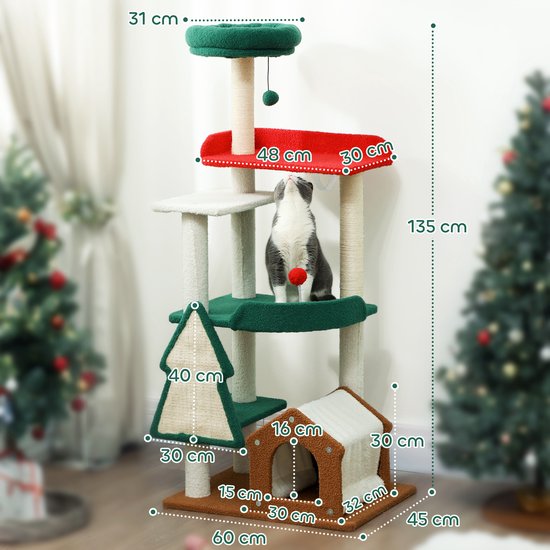 Katten Krabpaal in kerstkleuren met kattenhuis springplatforms en speelgoedballen