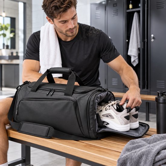Sporttas 40L – 3-in-1 Sporttas, Reistas & Rugzak – Met Schoenenvak – Schoudertas met Rugzakbanden – Weekendtas – 58 × 26 × 26 cm – Zwart