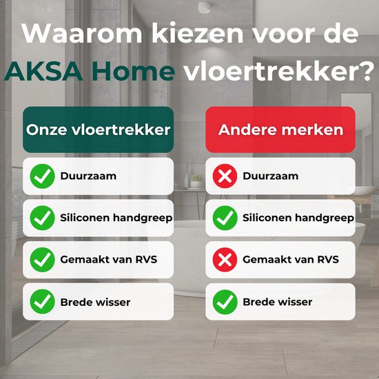 AKSA Home® Vloertrekker - Douchewisser - Trekker Douche - RVS Vloerwisser - met Steel - Zilver