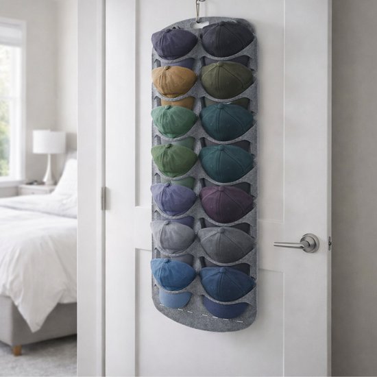 Cap Rack - Petjes Organizer voor aan Deur - Grijs - 14 Petten - Organizer voor Petjes en Caps - Petjes Opbergsysteem - Vilt - Petten Houder - Petten Opbergzak - Hat Holder - 130 x 46 cm