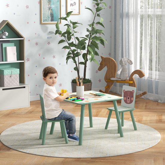 Kinderspeelgroep 3-8 Jaar, 1 Tafel & 2 Stoelen, Schattig Dierenmotief, Groen
