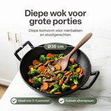 Gietijzeren Wok Ø36 cm met Houten Deksel – Wokpan Gietijzer voor Inductie, Gas, Oven & BBQ – Pre-seasoned – Grote Wokpan met Handgrepen – Professionele Wok