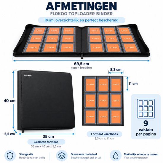 Toploader Binder – Verzamelmap voor 288 Trading Cards – 9 Vaks Kaartenmap – Geschikt voor Toploaders – Met Ritssluiting – Zwart