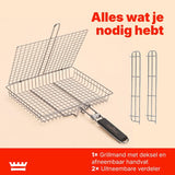 Grillmand BBQ – RVS Barbecue Grillmand met Deksel – 31 x 24,2 cm – Met 2 Uitneembare Verdelers – Afneembaar Handvat – Voor Vis, Vlees & Groenten