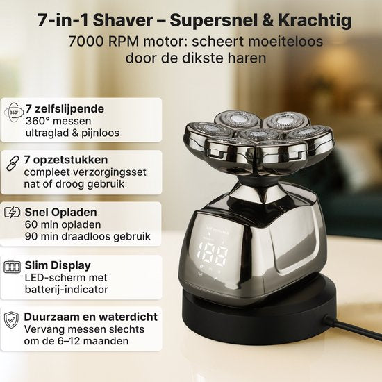 Carewat Glad Pro met extra scheerkop – 7-in-1 elektrisch scheerapparaat voor mannen – hoofd & baard scheren – nat & droog gebruik – waterdicht, draadloos en met LED display