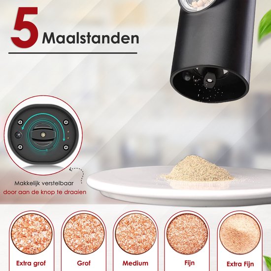 Vesfy Elektrische Peper en Zoutmolen Set - Oplaadbaar met Laadstation - Instelbare Maalgraad - LED-Licht - Pepermolen