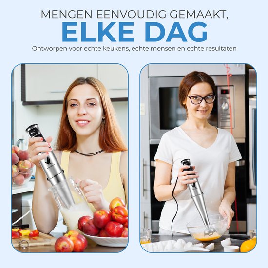 NovaWare Staafmixer Set 6-in-1 – 1100W - Met Hakmolen, Garde, Melkopschuimer & Maatbeker – RVS