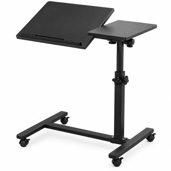 Laptoptafel Verrijdbaar – In Hoogte Verstelbare Laptopstandaard – Kantelbaar Werkblad met Zijtafel – Mobiele Bedtafel op Wielen – 57 cm – Zwart