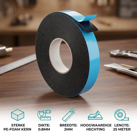 24ME® - Pakket van 5 Rollen - 25 Meter Foam Tape – 2 cm Breed – Dubbelzijdige Tape voor Montage, Klussen, Auto & Hobby