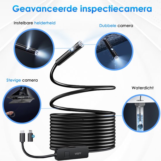 Vesfy Inspectiecamera Met App en Dubbele Camera - Verlichting - 5 Meter - 1920P HD - Android-IOS - IP67 Waterdicht - Endoscoop