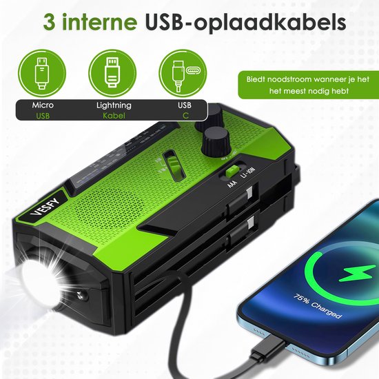 Vesfy Noodradio Solar Opwindbaar - Oplaadbaar & Batterijen - 7400mWh - LED Zaklamp - AM-FM Radio - Draagbare Radio voor Noodpakket