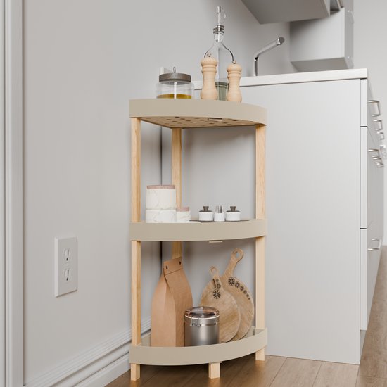 Fixwood Houten Hoekrek – 3-Laags Organizer – Compact Badkamer- en Keukenrek – 75 x 44 cm