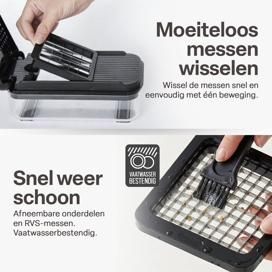 Groentesnijder Set met Opvangbak 750 ml – Mandoline Snijder – Groente Hakker – Uiensnijder – Blokjessnijder – Julienne Snijder – Groente Rasp – Keuken Mandoline met 5 RVS Messen