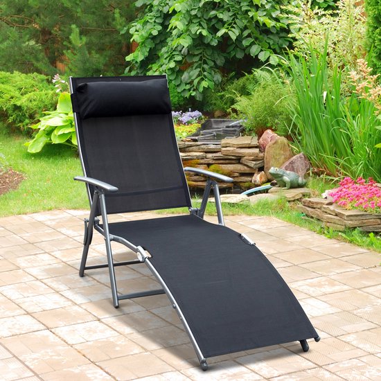4goodz Comfortabele Zonnebed 7-standen - Textileen ligstoel - Zwart