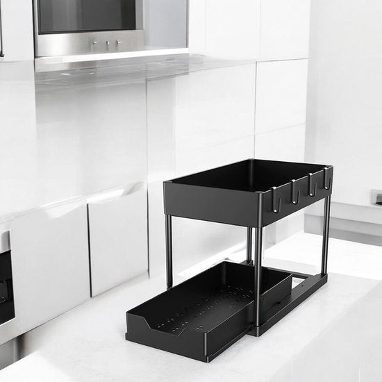 Gootsteenkast Organizer - 2 laags - 76 x 34,5 x 22 cm - Keukenkast Organizer - Zwart - Uitrekbaar