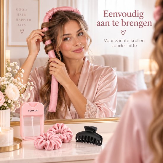 Heatless Curls Set 5-delig – Krullen Zonder Hitte – Satijnen Krulband 98 cm – Inclusief 2 Scrunchies, Haarklem & Sprayfles – Roze