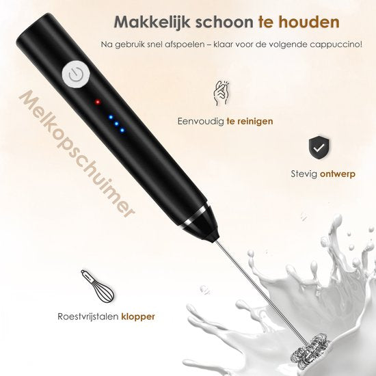 Pro Elektrische Melkopschuimer - USB Oplaadbaar - 3 Snelheden - 2 Opzetstukken - Voor Koffie, Cappuccino & Matcha