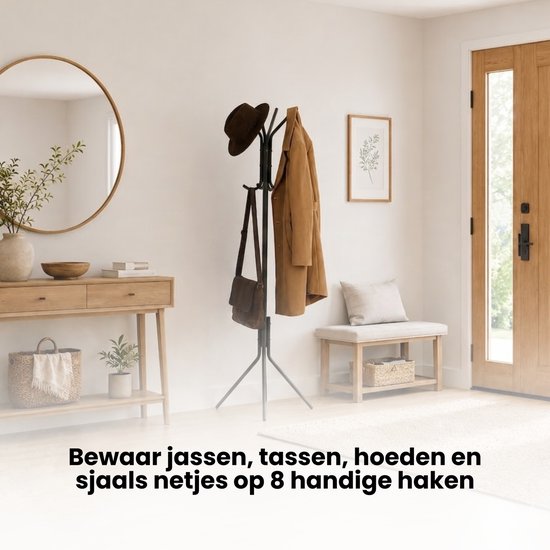 Kapstok Staand – Kledingrek met 8 Haken – Hoogte 172 cm – Staande Kapstok Metaal – Vrijstaande Kapstok – Zwart – Voor Hal, Slaapkamer en Kantoor