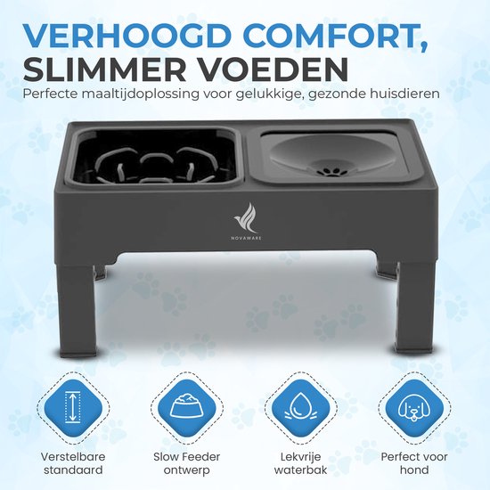 NovaWare Voerbak Kat en Hond – Met Standaard – Verstelbare & Verhoogde Voerbak - Anti lek Drinkbak - Slow Feeder Hondenvoerbak - Dubbel – Zwart
