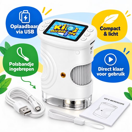 Digitale Microscoop voor Kinderen – Handmicroscoop met Kleurenscherm – Foto & Video – LED-Verlichting – Oplaadbaar via USB-C – Compact & Draagbaar – Wit