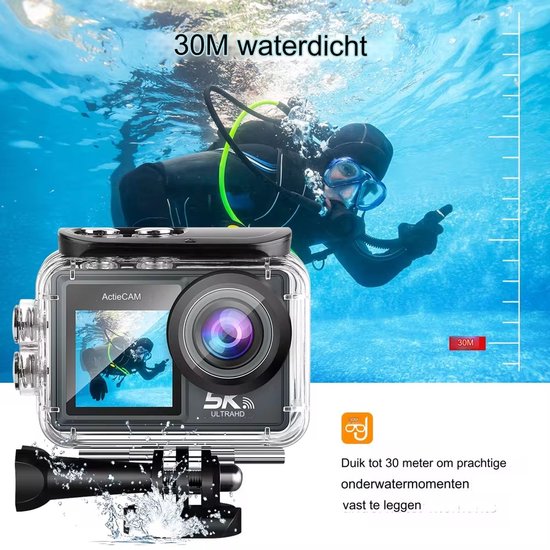 NovaWare Action Camera 5K - Vlog Camera - Onderwater Camera - Waterdicht tot 30M - Actie Camera - 24MP - Ultra 4K met 60 FPS - Beeldstabilisatie EIS - IMX sensor