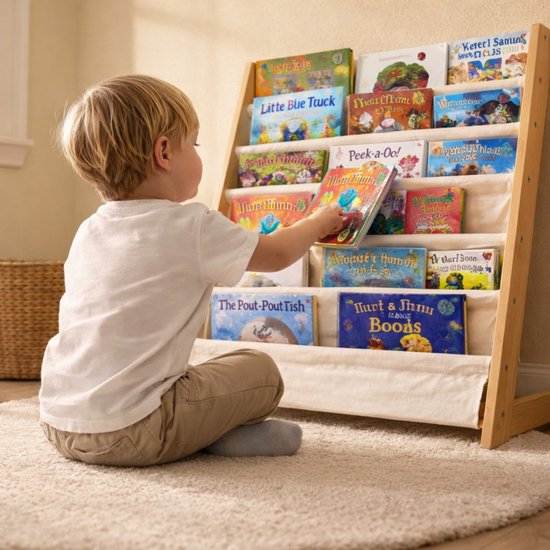 Kinderboekenkast - Bruin - Hout met Linnen - Kinderboekenrek - Boekenrek Kinderkamer