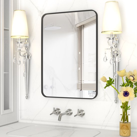Badkamerspiegel - Zwart - 71 x 50 cm - Wandspiegel - Rechthoekige Spiegel met Frame van Aluminiumlegering - Spiegel voor Slaapkamer, Woonkamer en Badkamer