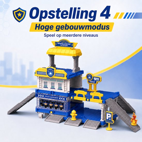 DMG Supply Politiegarage - 4-in-1 - Politiebureau met 2 Metalen Auto’s - 3 Laags Parkeergarage - Speelset