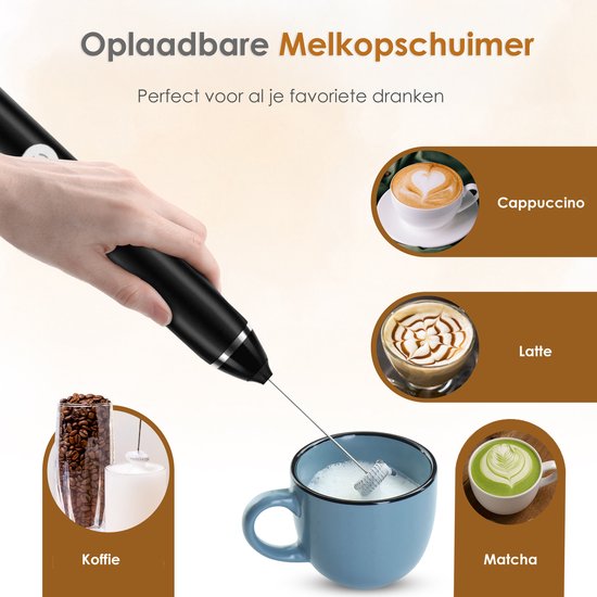 Pro Elektrische Melkopschuimer - USB Oplaadbaar - 3 Snelheden - 2 Opzetstukken - Voor Koffie, Cappuccino & Matcha