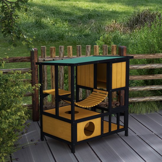 4goodz Kattenhuis 3 laags 85x60x88 cm - Geel + Zwart