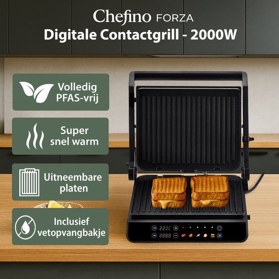 Chefino Forza Digitale Contactgrill - XL - 2000W - PFAS-vrij, uitneembare platen & 5 kookstanden - Groot Formaat - Tosti ijzer - Panini maken - Grill Apparaat - 180 graden uitklapbaar - Tosti Apparaat