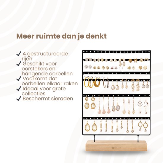 Sieradenrek met Houten Voet – Oorbellen Houder Staand – Sieraden Organizer 4 Rijen – Metalen Display Standaard – Oorbellen Display 36 cm – Sieradenhouder voor Oorbellen & Sieraden