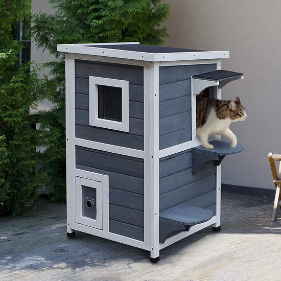 4goodz Kattenvilla 2 verdiepingen 51x51x81 cm - Grijs