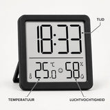 Digitale Thermometer Hygrometer met Klok – Binnen Thermometer – Luchtvochtigheidsmeter – Groot LCD Display – Temperatuur, Luchtvochtigheid & Tijd – Zwart