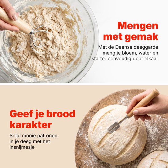 Zuurdesem Starterset – Complete Broodbakset met Rijsmand 23 cm – Glazen Starterpot – Deense Deeggarde – Deegschrapers – Broodmesje – Bakset voor Zuurdesembrood